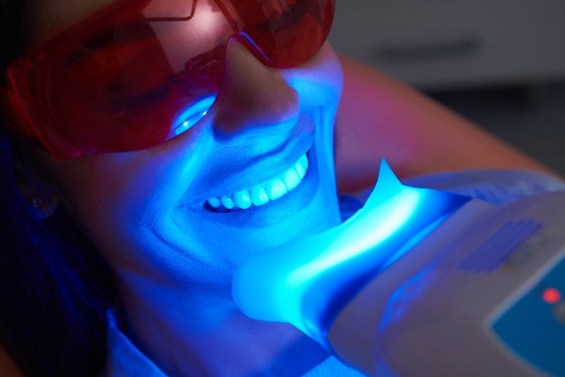 Patient receiving professional teeth whitening treatment to reduce sensitivity and brighten their smile